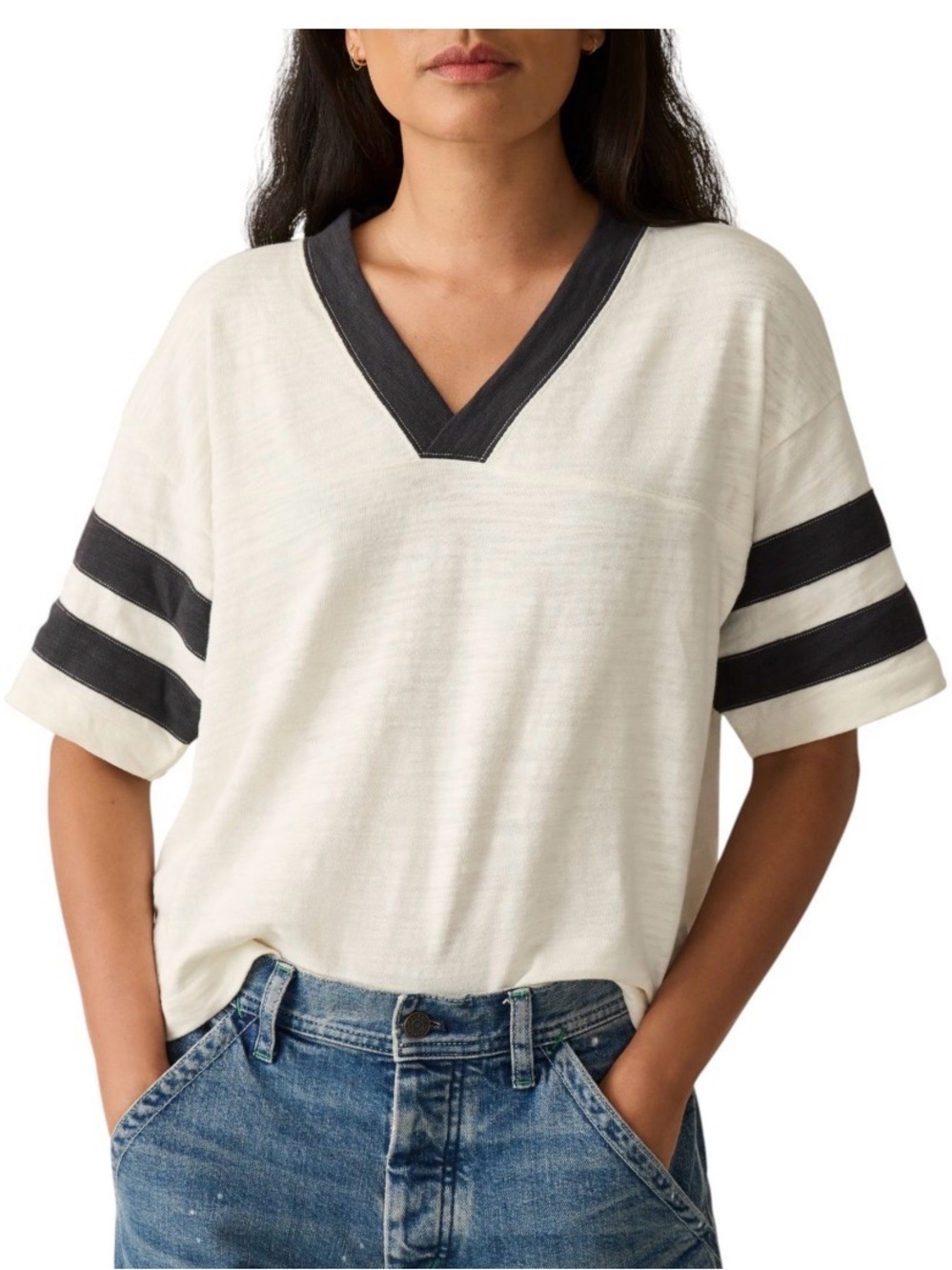 Faherty Sunwashed Slub organic cotton varsity tee XL black/ white